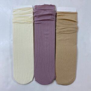Womens Crew Socks Set 3 Solid Ribbed Cream Purple Brown